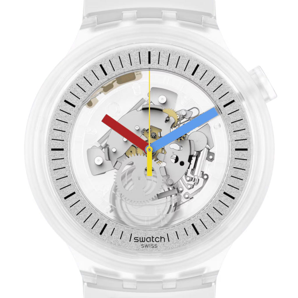 Swatch Pay SB01K102-5300 – Dettaglio quadrante trasparente con lancette colorate