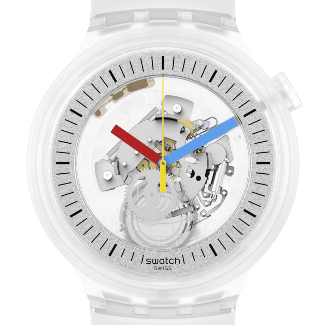 Swatch Pay SB01K102-5300 – Dettaglio quadrante trasparente con lancette colorate