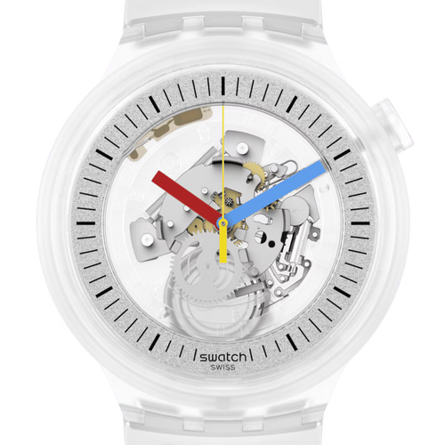 Swatch Pay SB01K102-5300 – Dettaglio quadrante trasparente con lancette colorate