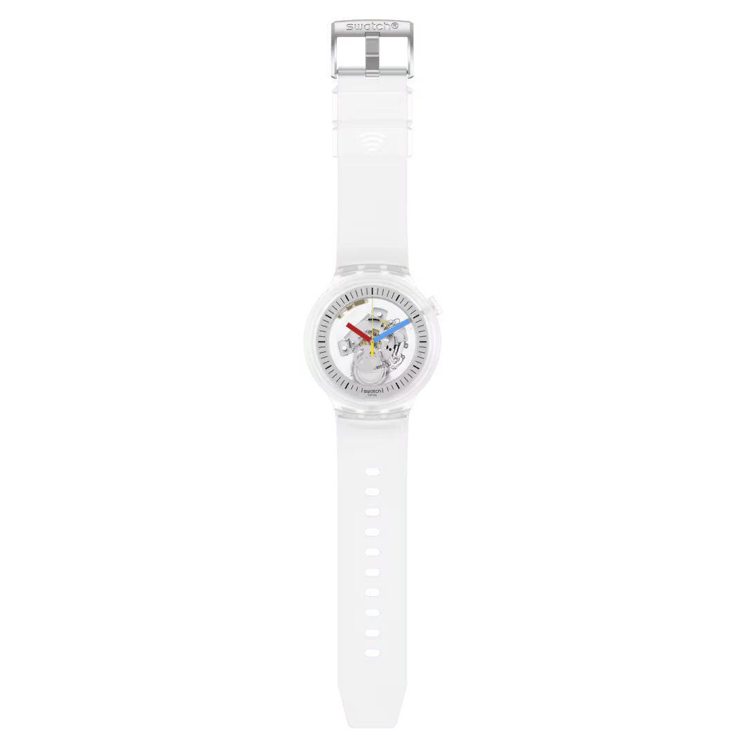 Swatch Pay SB01K102-5300 – Orologio NFC trasparente con cinturino bianco