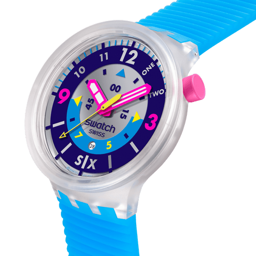 Quadrante effetto specchio Swatch Neon Hielo SB01K400 – Numeri multicolori e lancette rosa fosforescenti – SWATCH