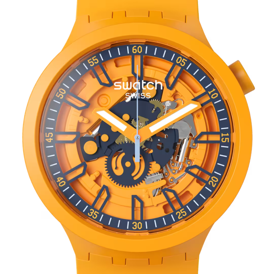 Swatch Big Bold SB01O100 Fresh Orange – Vista laterale cassa oversize arancio Bioceramic – SWATCH
