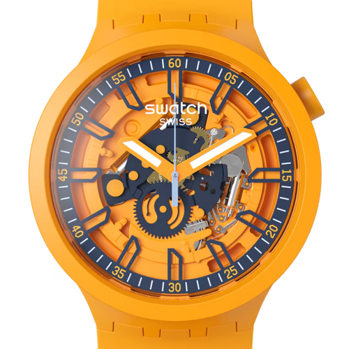 Swatch Big Bold SB01O100 Fresh Orange – Vista laterale cassa oversize arancio Bioceramic – SWATCH