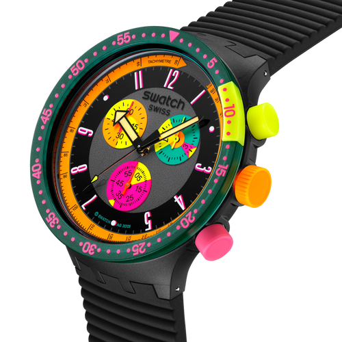 Quadrante multicolore Swatch Neon Seppia SB02B104 – Fondo scuro con lancette fosforescenti – SWATCH