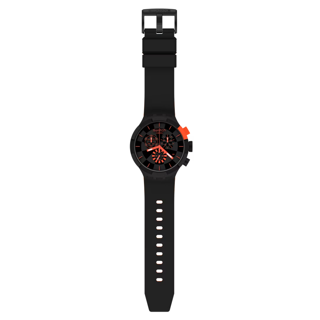 Swatch Big Bold Chrono CHECKPOINT RED SB02B402 – Vista frontale quadrante a scacchi rosso | Cicco Gioielleria