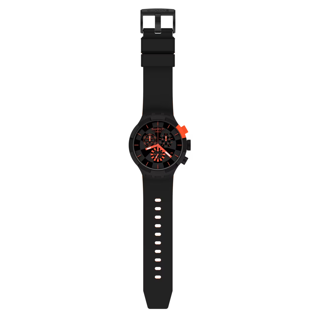 Swatch Big Bold Chrono CHECKPOINT RED SB02B402 – Vista frontale quadrante a scacchi rosso | Cicco Gioielleria