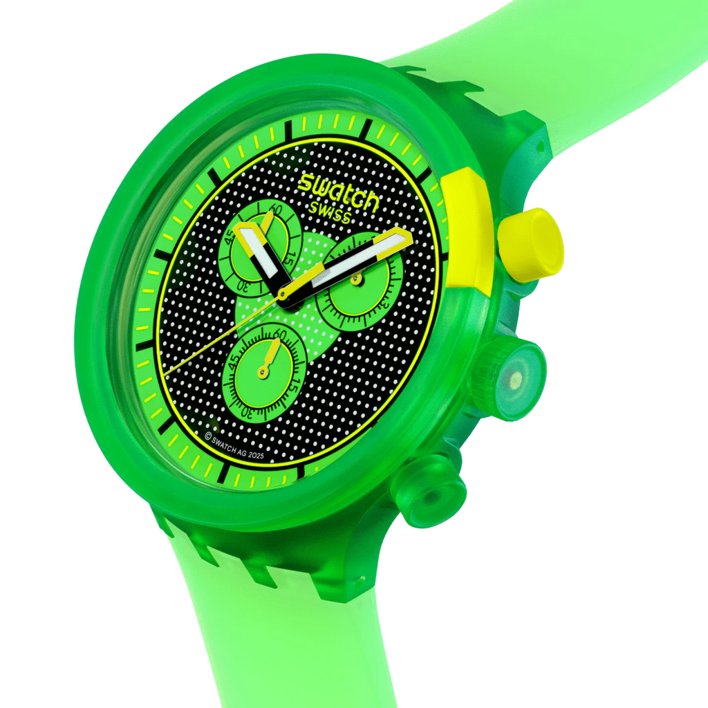 Orologio Swatch GLOWINGLY GREEN SB02G100 – Vista laterale – Chrono Big Bold da Cicco Gioielleria