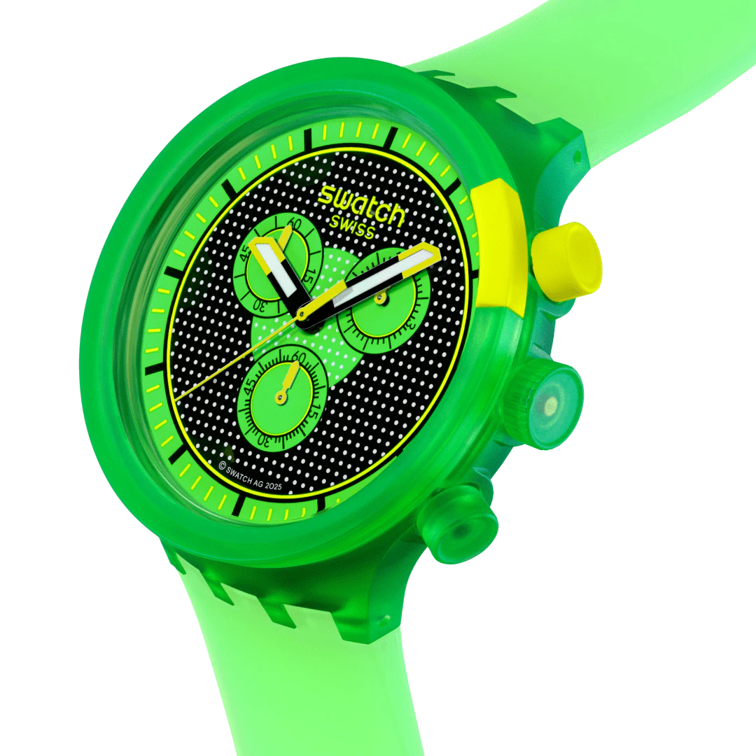 Orologio Swatch GLOWINGLY GREEN SB02G100 – Vista laterale – Chrono Big Bold da Cicco Gioielleria