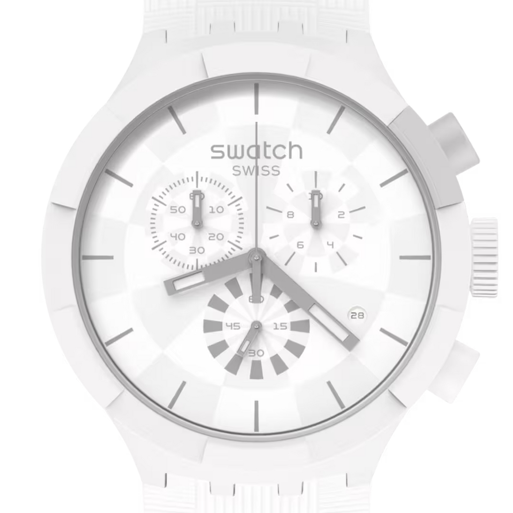 Swatch Big Bold Chrono SB02W400 Chequered White – Vista laterale cronografo oversize bianco – SWATCH