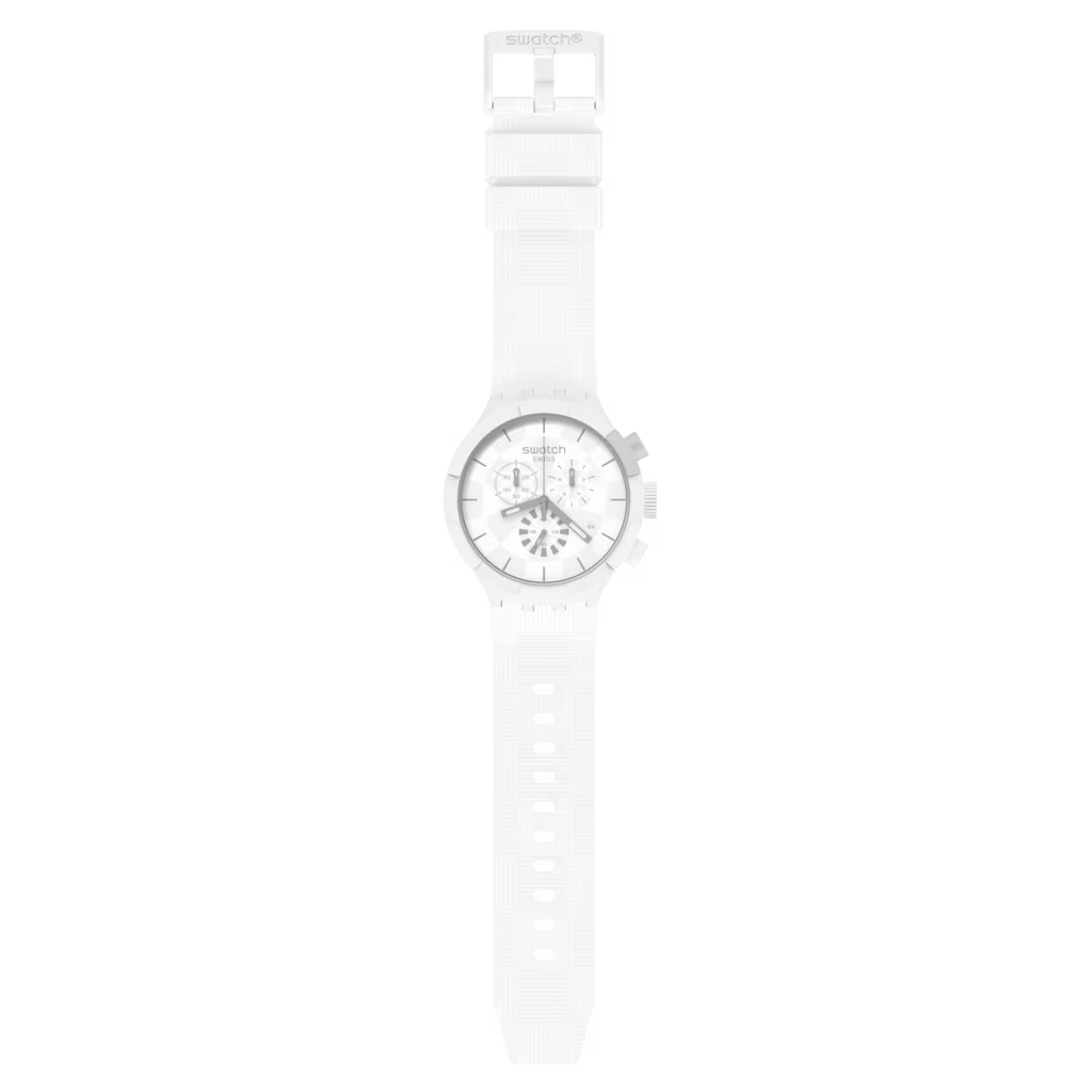 Swatch Big Bold Chrono SB02W400 Chequered White – Cronografo oversize bianco a scacchi, vista frontale – CICCO Gioielleria