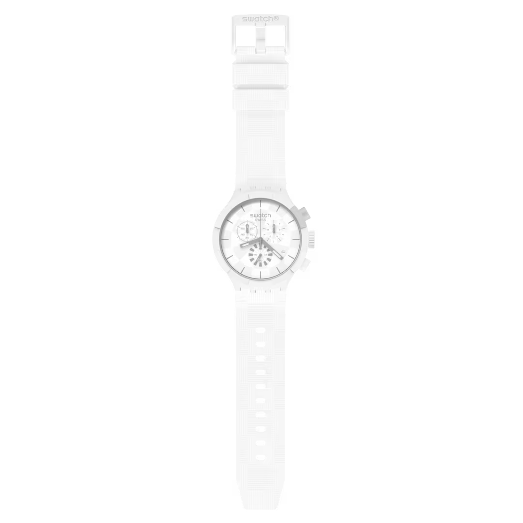 Swatch Big Bold Chrono SB02W400 Chequered White – Cronografo oversize bianco a scacchi, vista frontale – CICCO Gioielleria