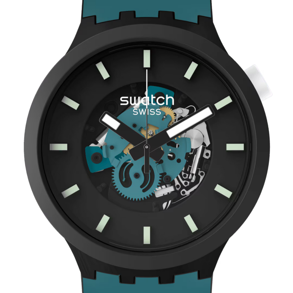 Swatch Big Bold Night Trip – Vista laterale cassa oversize Bioceramic scura – SWATCH
