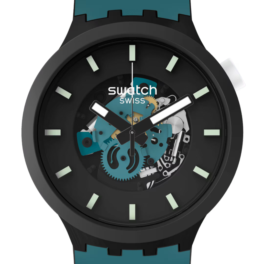 Swatch Big Bold Night Trip – Vista laterale cassa oversize Bioceramic scura – SWATCH