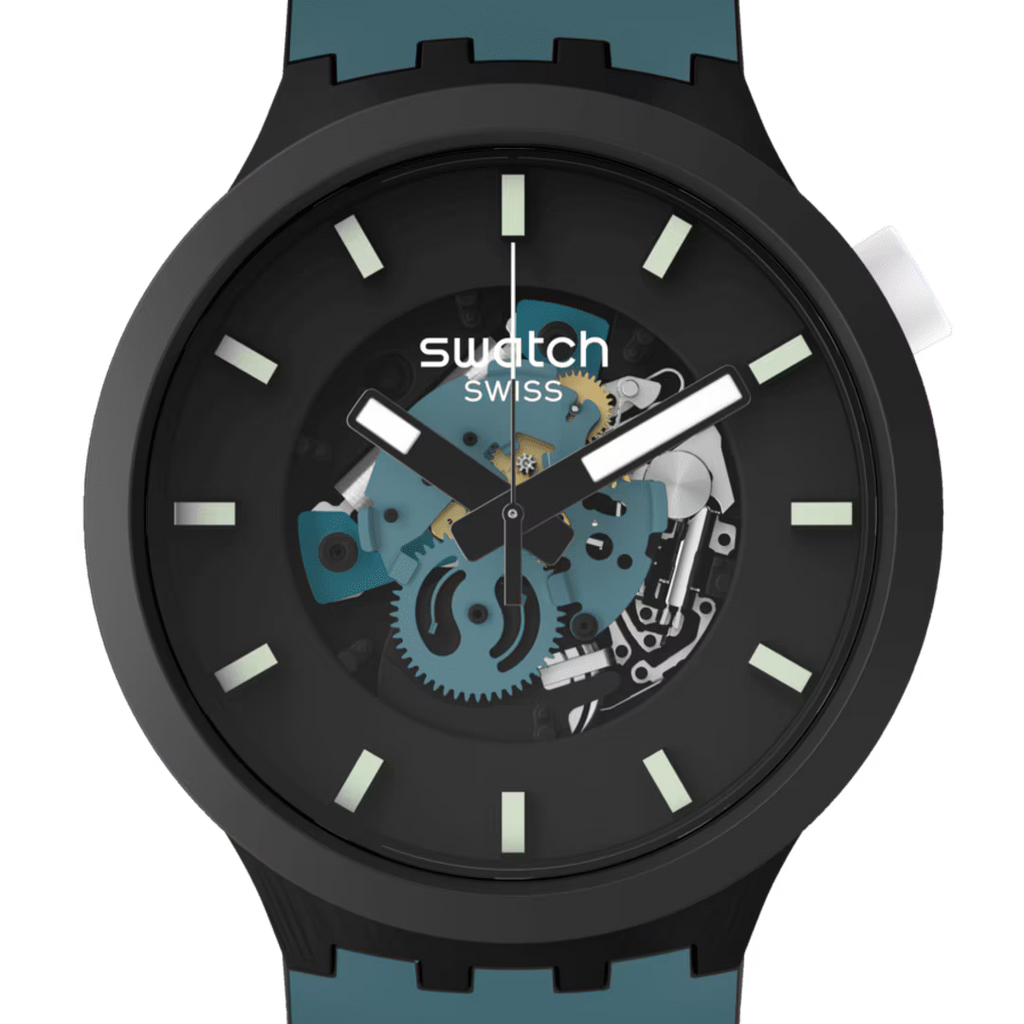 Dettaglio quadrante Swatch Night Trip Pay SB03B111-6000 – effetto 3D con stampa sugli indici, vetro di origine biologica, nero opaco