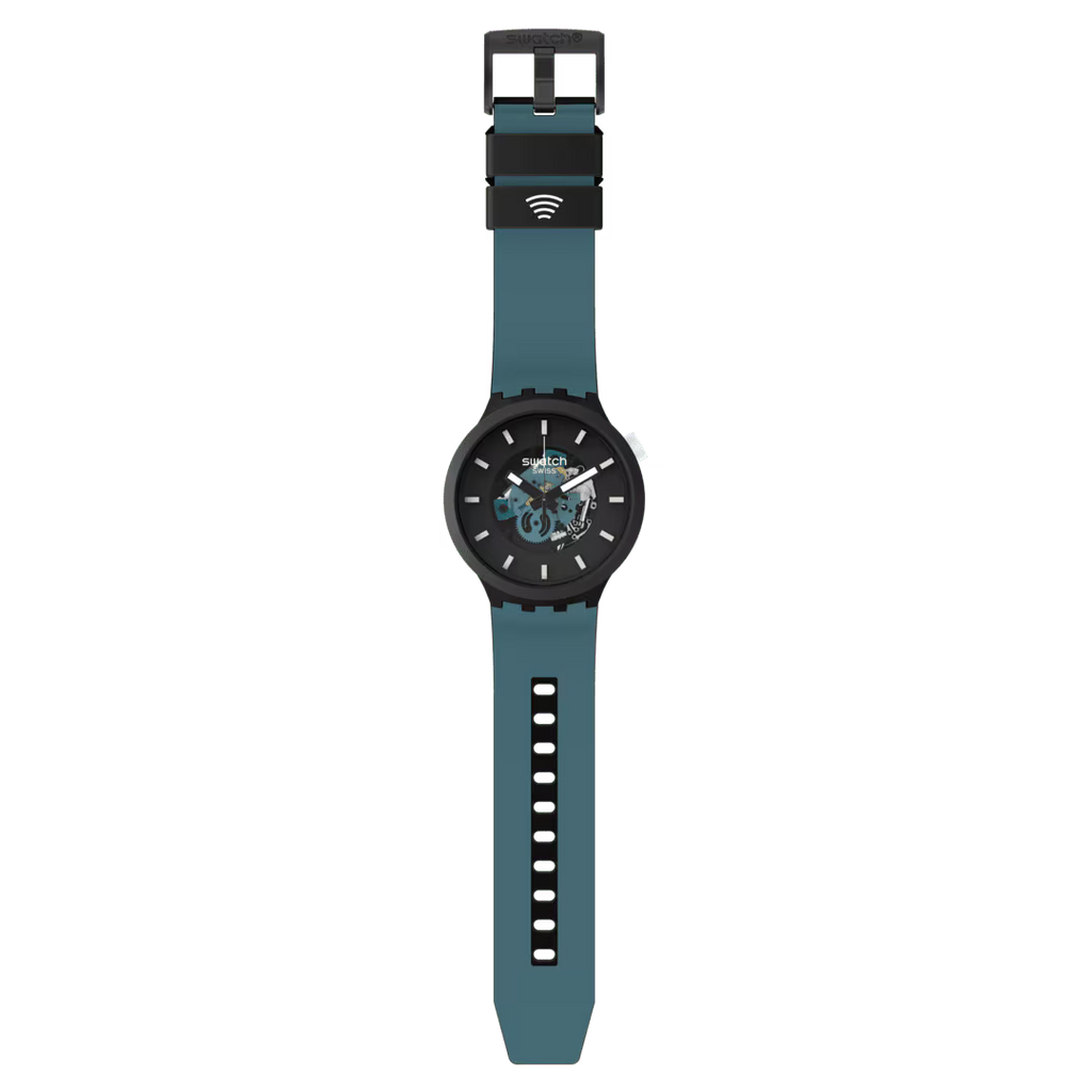 Swatch Night Trip Pay SB03B111-6000 – Big Bold Bioceramic SwatchPAY!, lunetta nera opaca, quadrante effetto 3D, cinturino silicone blu scuro