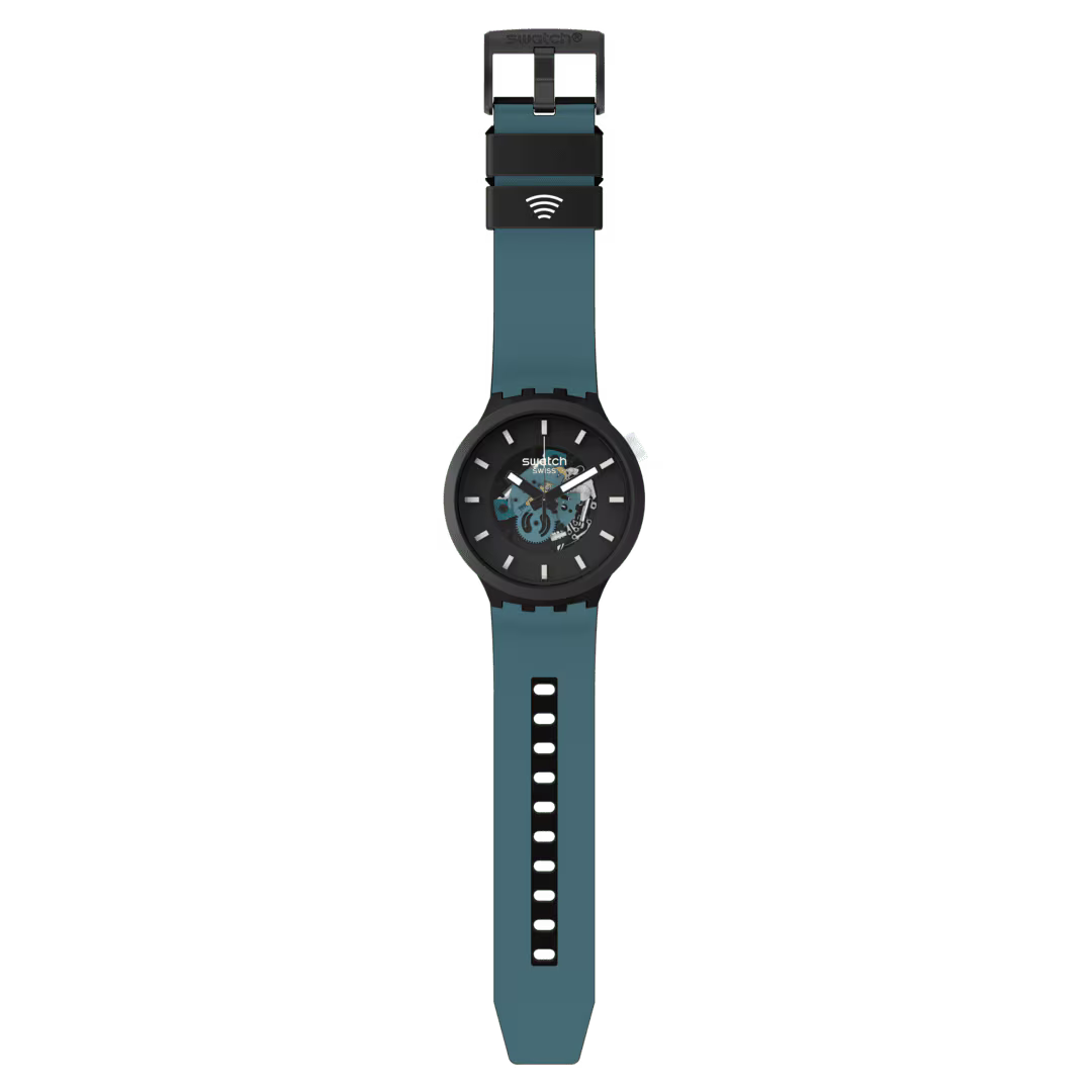 Swatch Night Trip Pay SB03B111-6000 – Big Bold Bioceramic SwatchPAY!, lunetta nera opaca, quadrante effetto 3D, cinturino silicone blu scuro