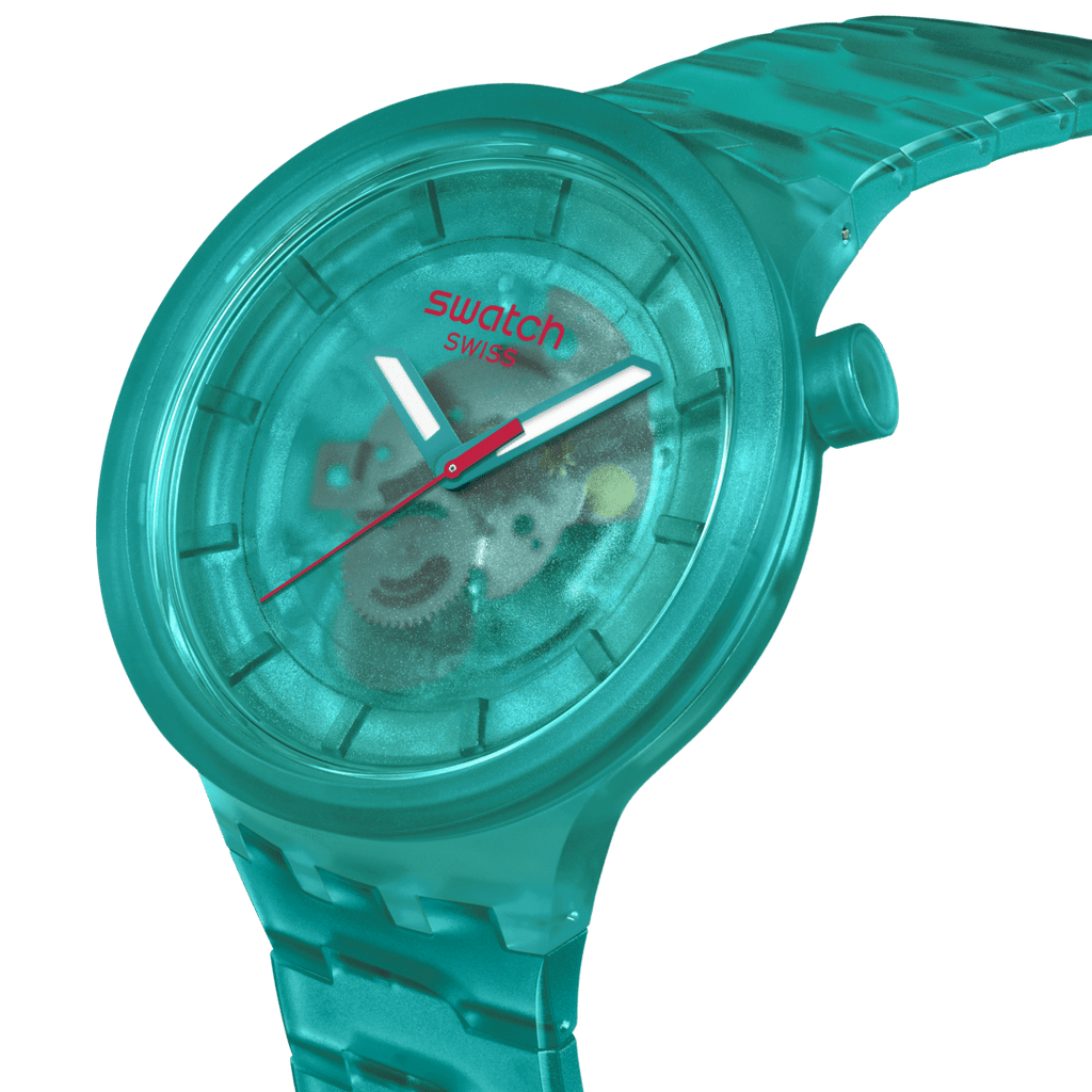 Swatch Big Bold Turquoise Joy – Vista laterale cassa oversize turchese Bioceramic – SWATCH