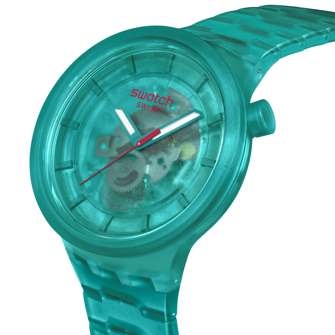 Swatch Big Bold Turquoise Joy – Vista laterale cassa oversize turchese Bioceramic – SWATCH