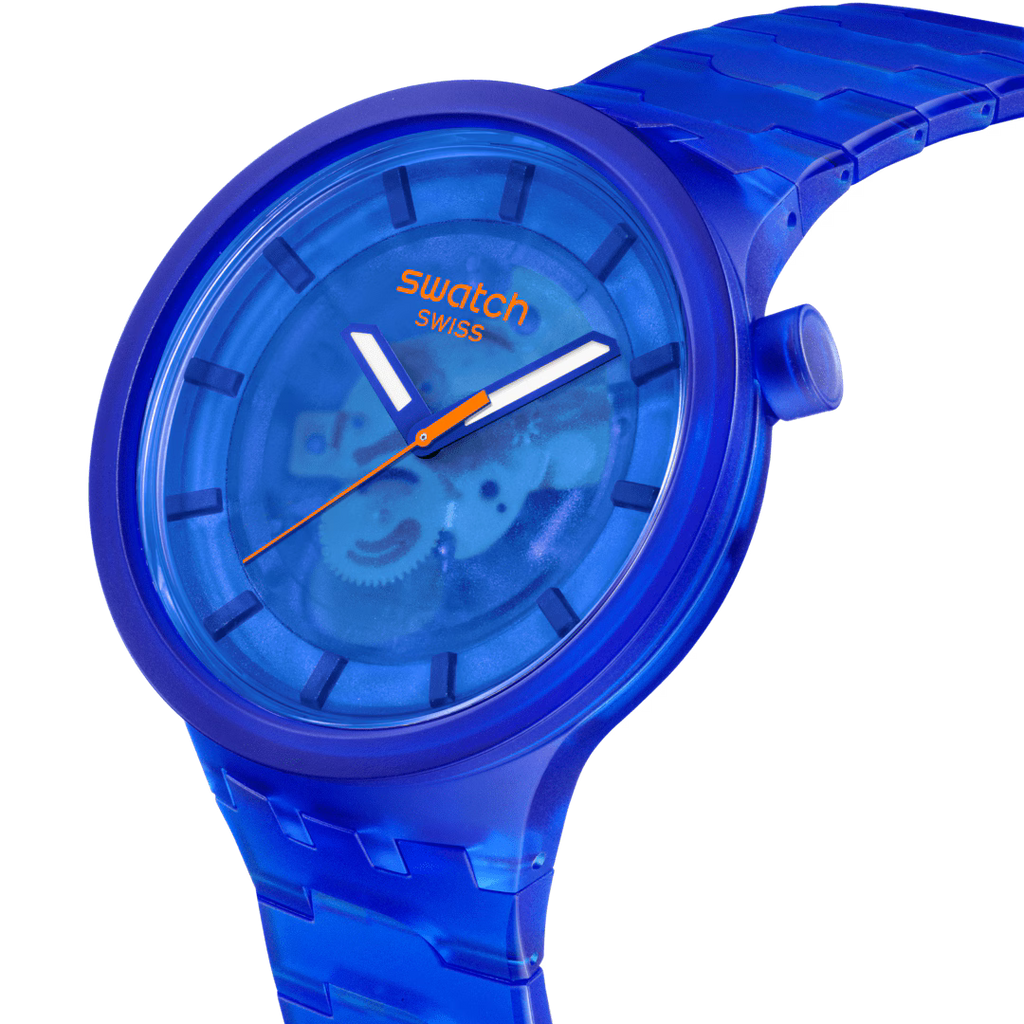 Swatch Big Bold SB05N116 Navy Joy – Vista laterale cassa oversize blu navy Bioceramic – SWATCH