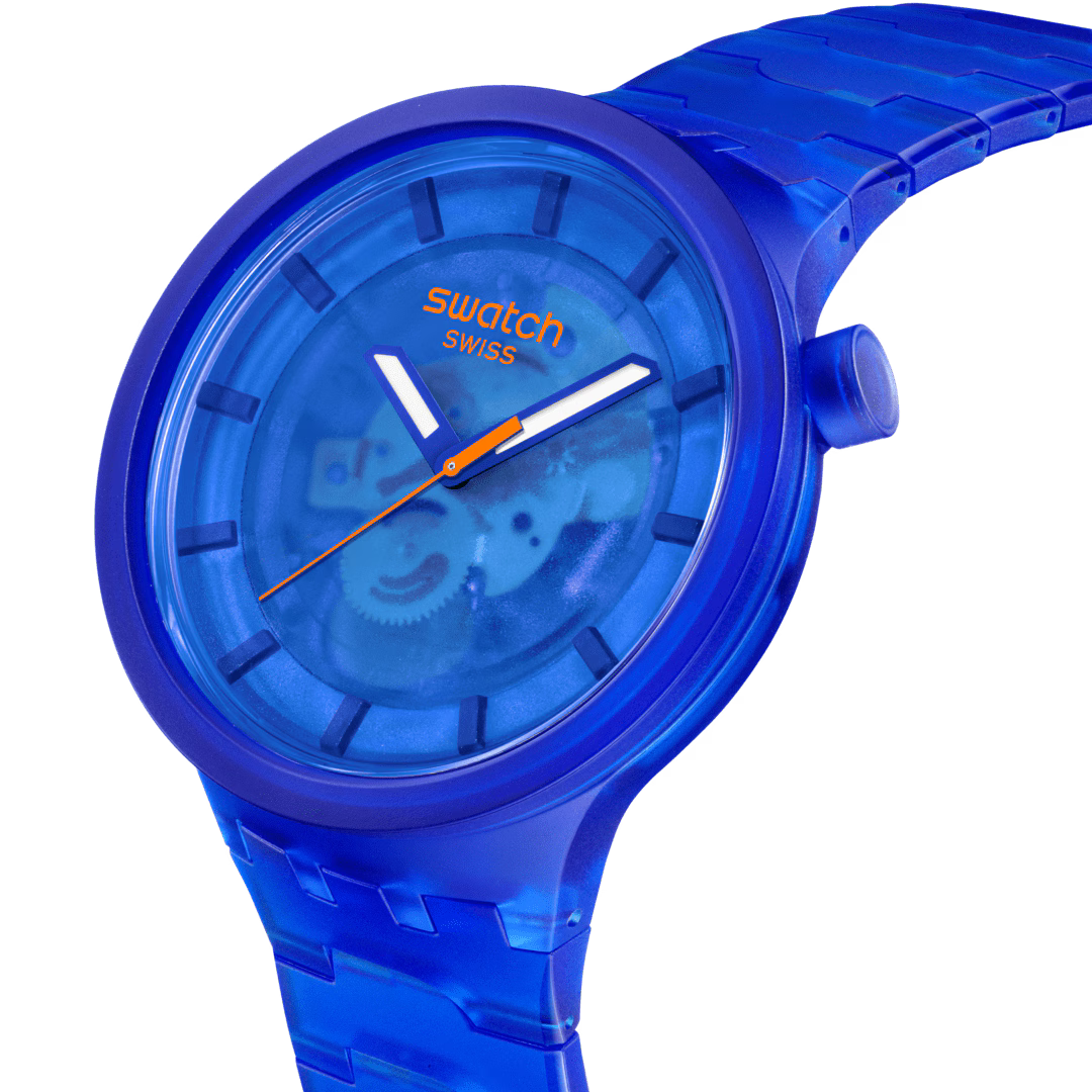 Swatch Big Bold SB05N116 Navy Joy – Vista laterale cassa oversize blu navy Bioceramic – SWATCH