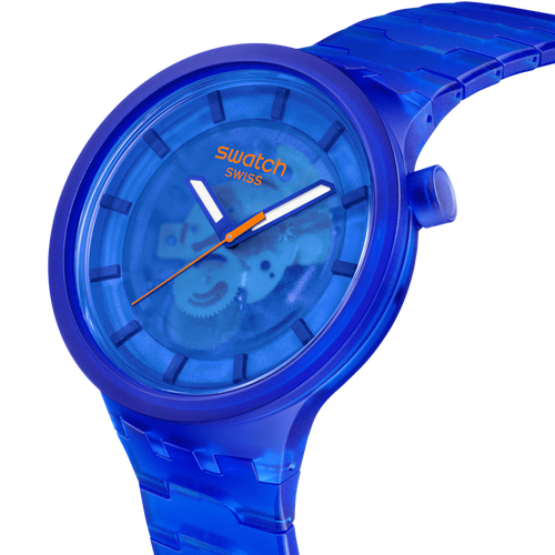 Swatch Big Bold SB05N116 Navy Joy – Vista laterale cassa oversize blu navy Bioceramic – SWATCH