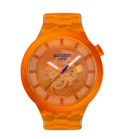 Swatch Big Bold Orange Joy – Orologio oversize arancio, vista frontale su sfondo bianco – CICCO Gioielleria