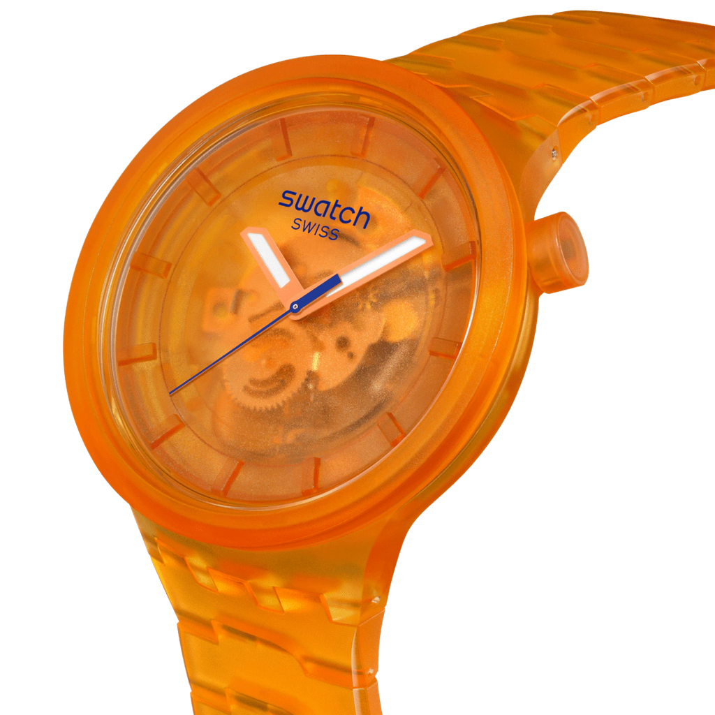 Swatch Big Bold Orange Joy – Vista laterale cassa oversize arancio Bioceramic – SWATCH