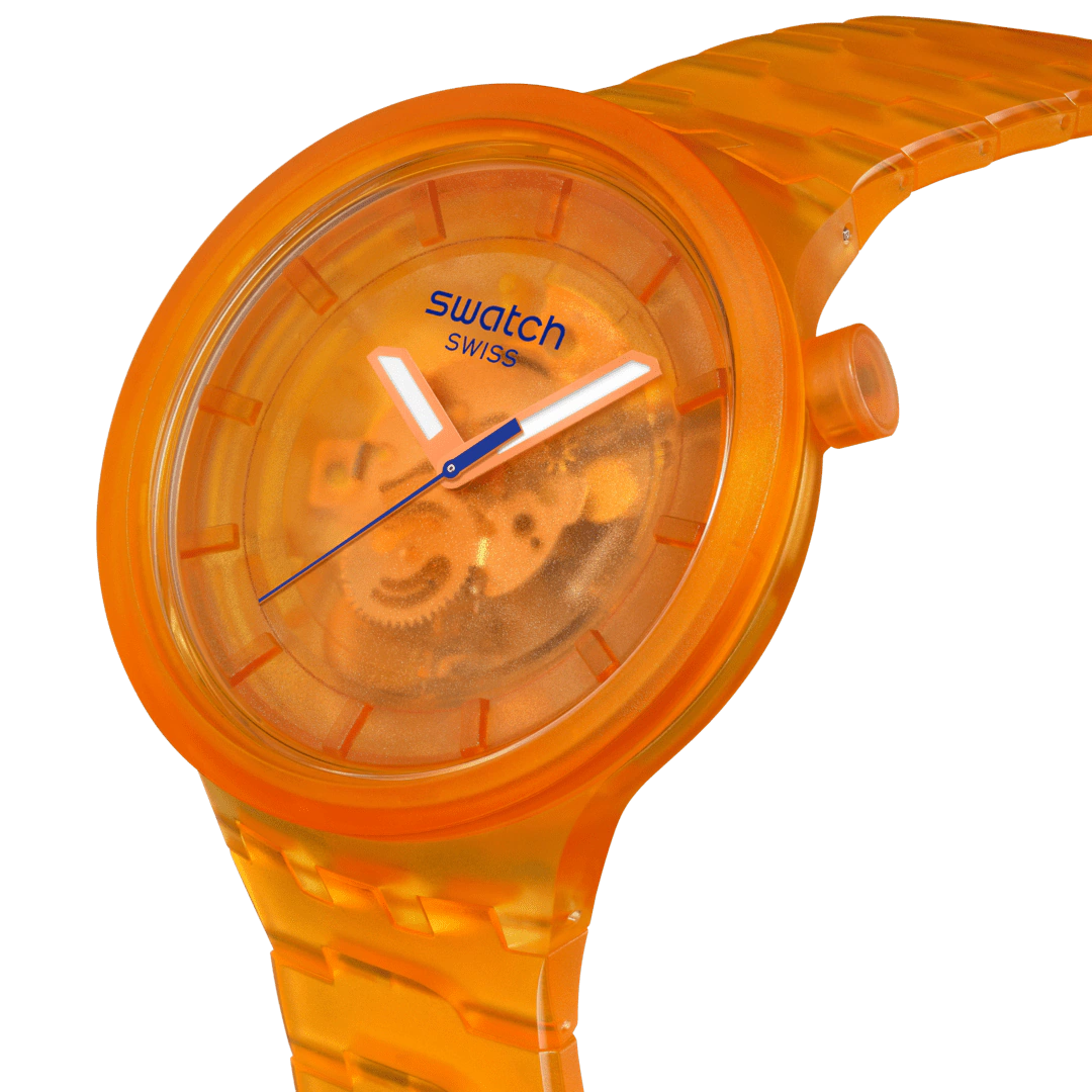 Swatch Big Bold Orange Joy – Vista laterale cassa oversize arancio Bioceramic – SWATCH