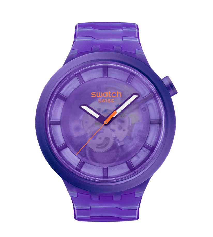 Swatch Big Bold Purple Joy – Orologio oversize viola, vista frontale su sfondo bianco – CICCO Gioielleria