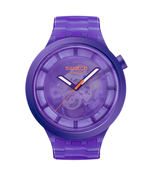 Swatch Big Bold Purple Joy – Orologio oversize viola, vista frontale su sfondo bianco – CICCO Gioielleria