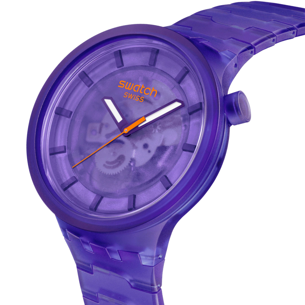 Swatch Big Bold Purple Joy – Vista laterale cassa oversize viola Bioceramic – SWATCH