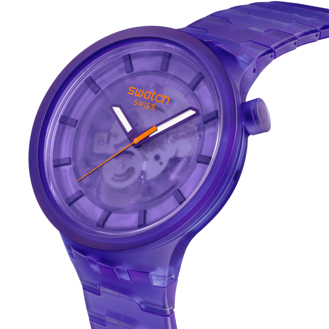 Swatch Big Bold Purple Joy – Vista laterale cassa oversize viola Bioceramic – SWATCH
