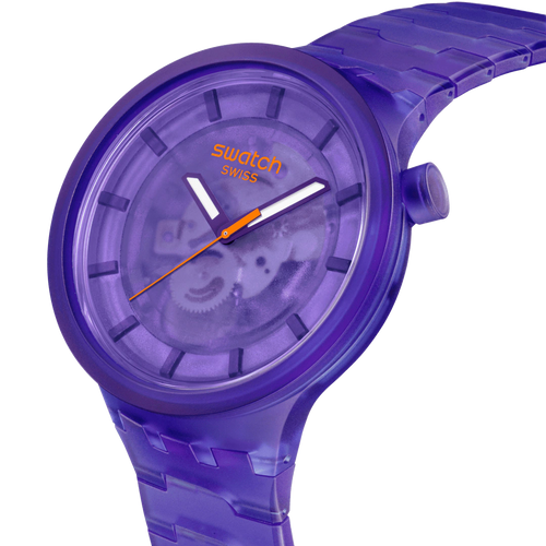 Swatch Big Bold Purple Joy – Vista laterale cassa oversize viola Bioceramic – SWATCH