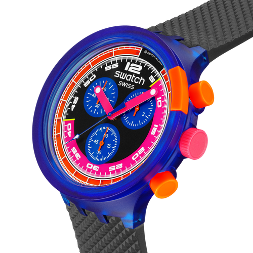 Quadrante multicolore Swatch Neon Party to the Max SB06N102 – Scala tachimetrica e lancette fosforescenti rosa e blu – SWATCH
