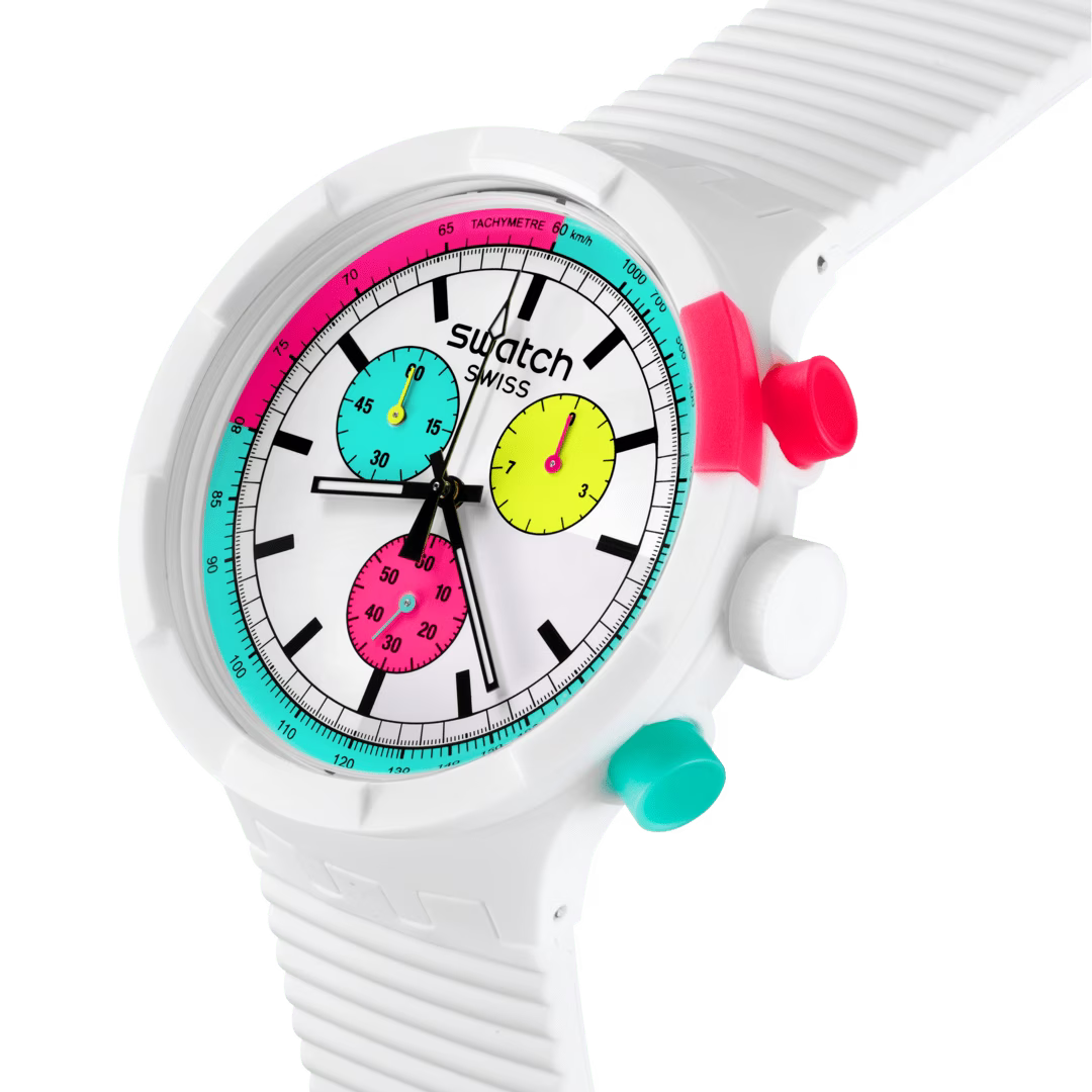 Orologio Swatch THE PURITY OF NEON SB06W100 – Vista laterale – Chrono Big Bold da Cicco Gioielleria