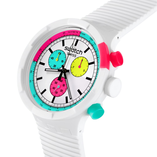Orologio Swatch THE PURITY OF NEON SB06W100 – Vista laterale – Chrono Big Bold da Cicco Gioielleria