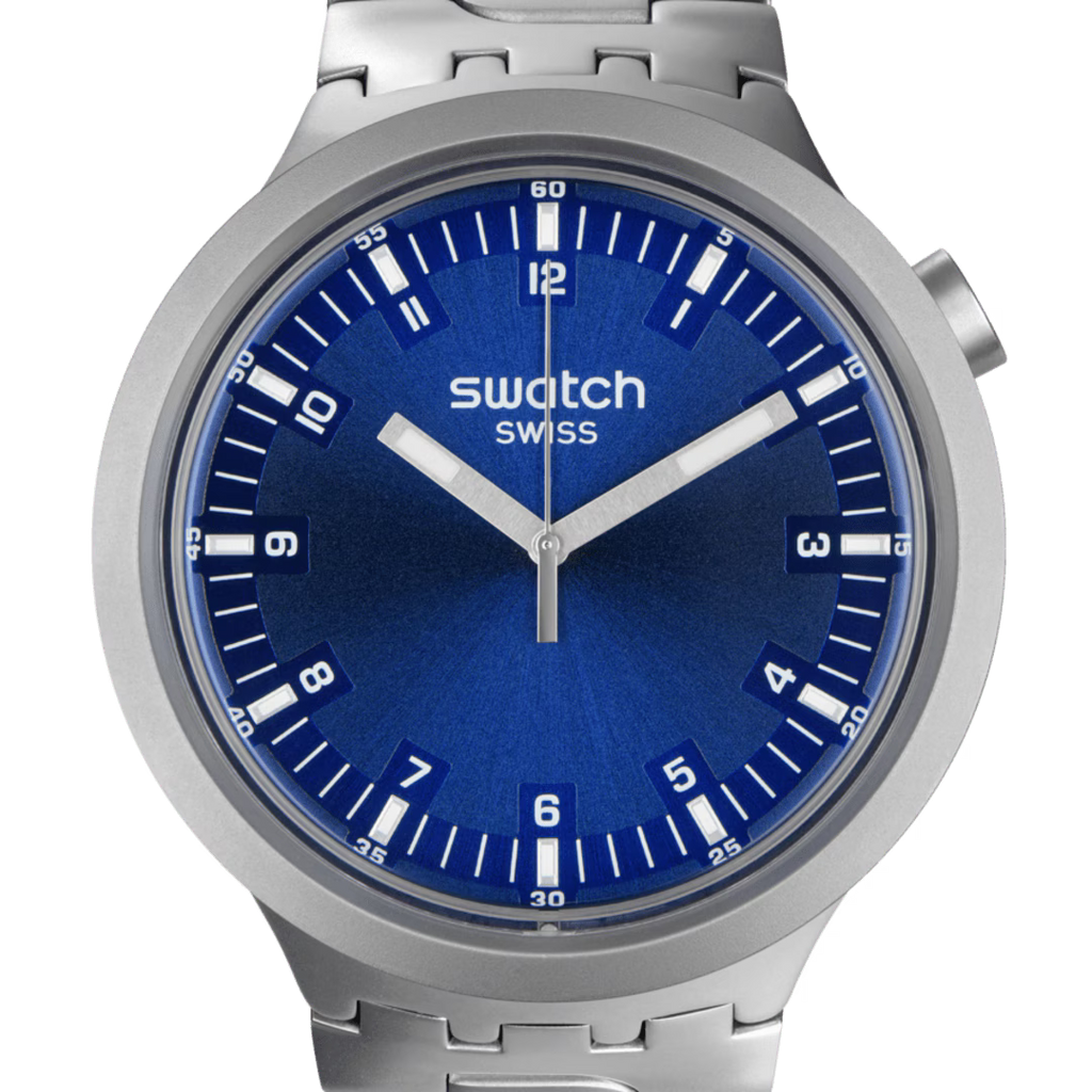 Swatch Big Bold Irony Indigo Hour – Vista laterale cassa oversize acciaio blu indaco – SWATCH