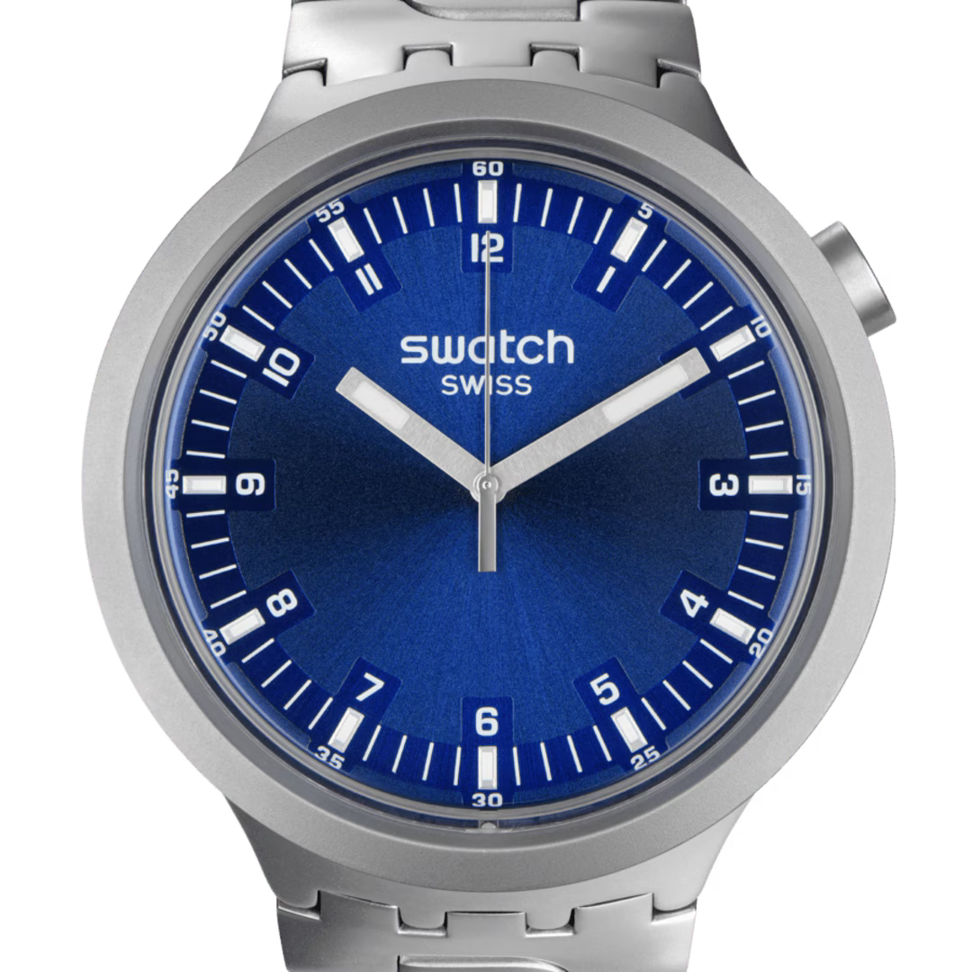 Swatch Big Bold Irony Indigo Hour – Vista laterale cassa oversize acciaio blu indaco – SWATCH
