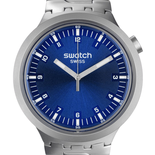 Swatch Big Bold Irony Indigo Hour – Vista laterale cassa oversize acciaio blu indaco – SWATCH