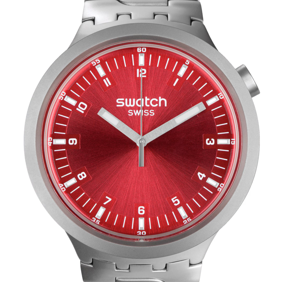 Swatch Big Bold Irony Scarlet Shimmer – Vista laterale cassa oversize acciaio rosso shimmer – SWATCH
