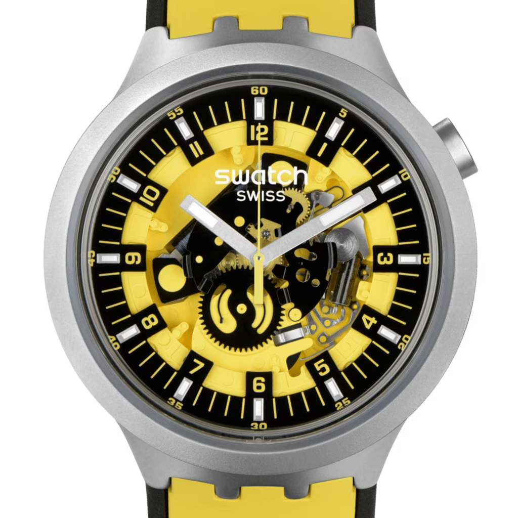 Swatch Big Bold Irony Bolden Yellow – Vista laterale cassa oversize acciaio giallo – SWATCH
