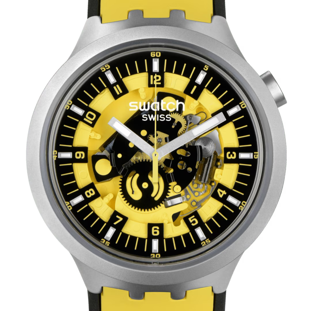 Swatch Big Bold Irony Bolden Yellow – Vista laterale cassa oversize acciaio giallo – SWATCH