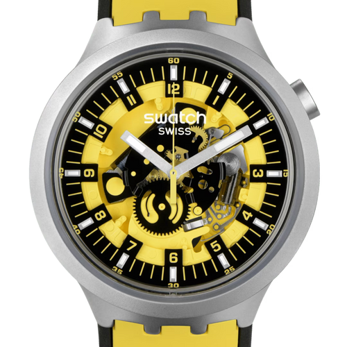 Swatch Big Bold Irony Bolden Yellow – Vista laterale cassa oversize acciaio giallo – SWATCH