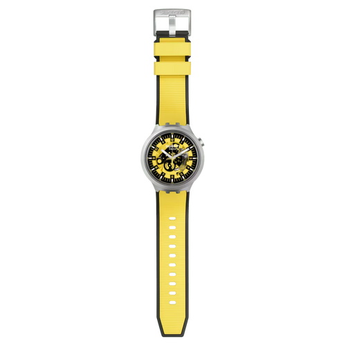 Swatch Big Bold Irony Bolden Yellow – Orologio oversize acciaio giallo, vista frontale su sfondo bianco – CICCO Gioielleria