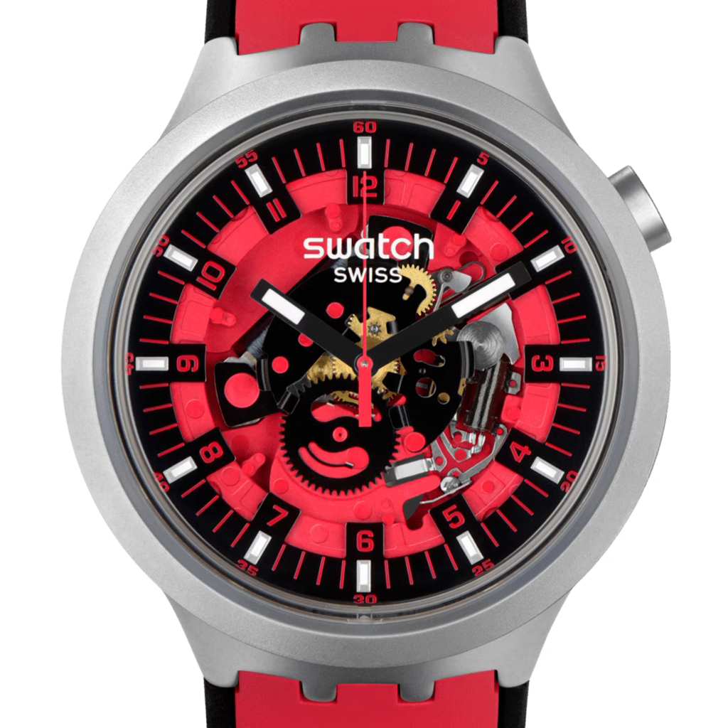 Swatch Big Bold Irony Red Juicy – Vista laterale cassa oversize acciaio rosso – SWATCH