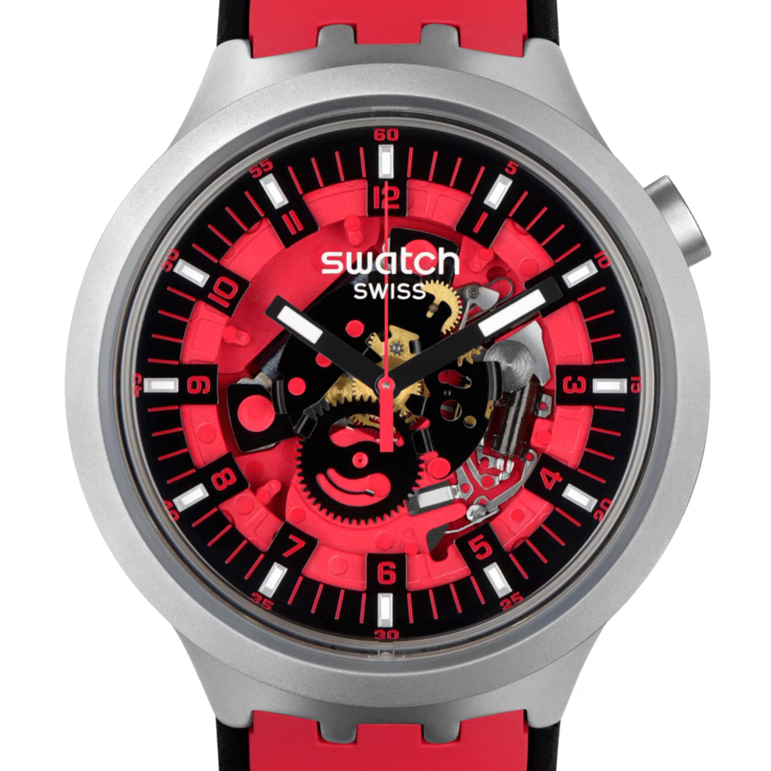 Swatch Big Bold Irony Red Juicy – Vista laterale cassa oversize acciaio rosso – SWATCH