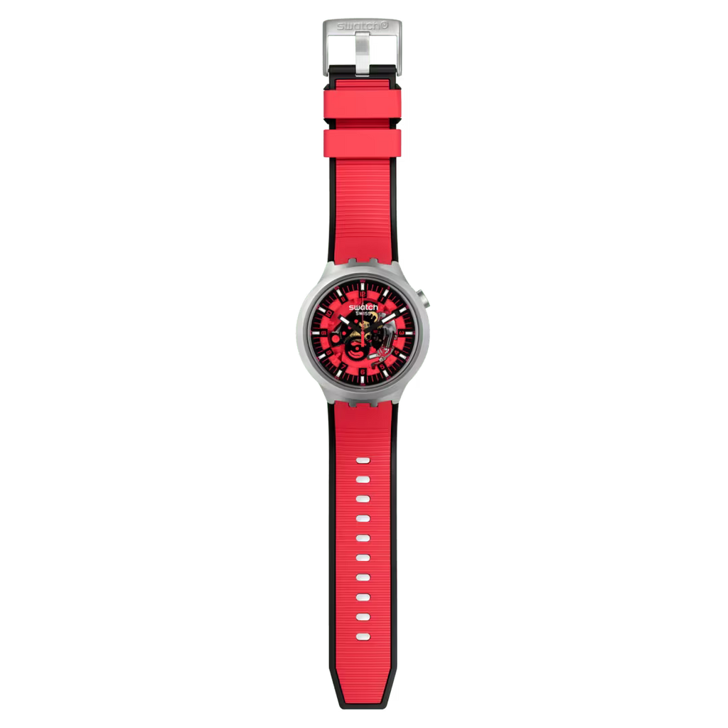 Swatch Big Bold Irony Red Juicy – Orologio oversize acciaio rosso, vista frontale su sfondo bianco – CICCO Gioielleria