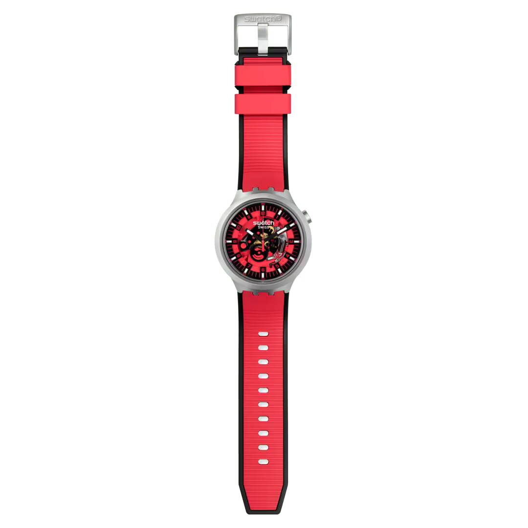 Swatch Big Bold Irony Red Juicy – Orologio oversize acciaio rosso, vista frontale su sfondo bianco – CICCO Gioielleria
