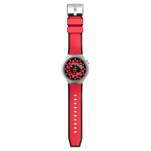 Swatch Big Bold Irony Red Juicy – Orologio oversize acciaio rosso, vista frontale su sfondo bianco – CICCO Gioielleria