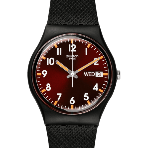 Swatch Gent SO29R700 Sir Red – Vista laterale cassa Gent rossa con cinturino – SWATCH